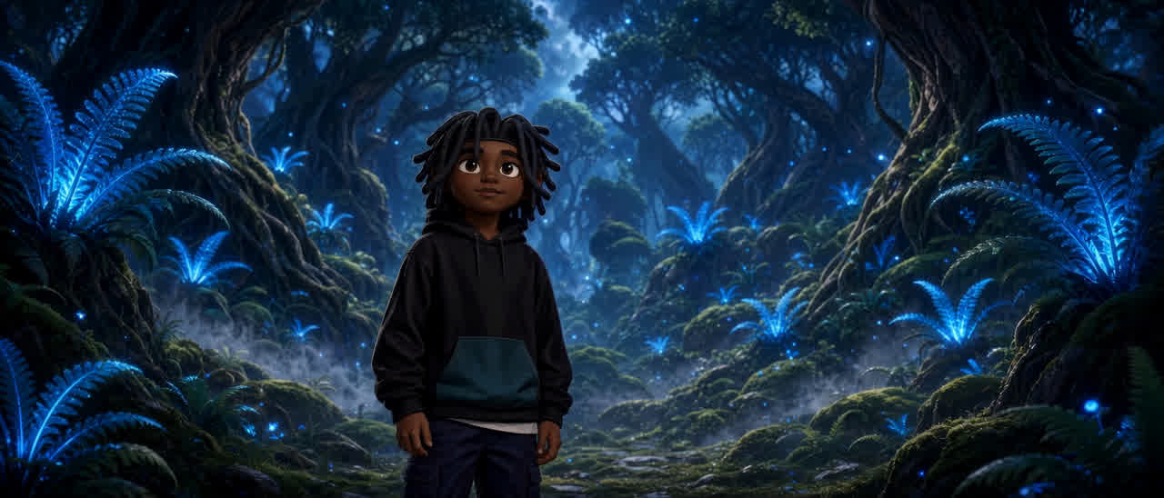 Animated character standing in a dark forest lit by glowing blue ferns